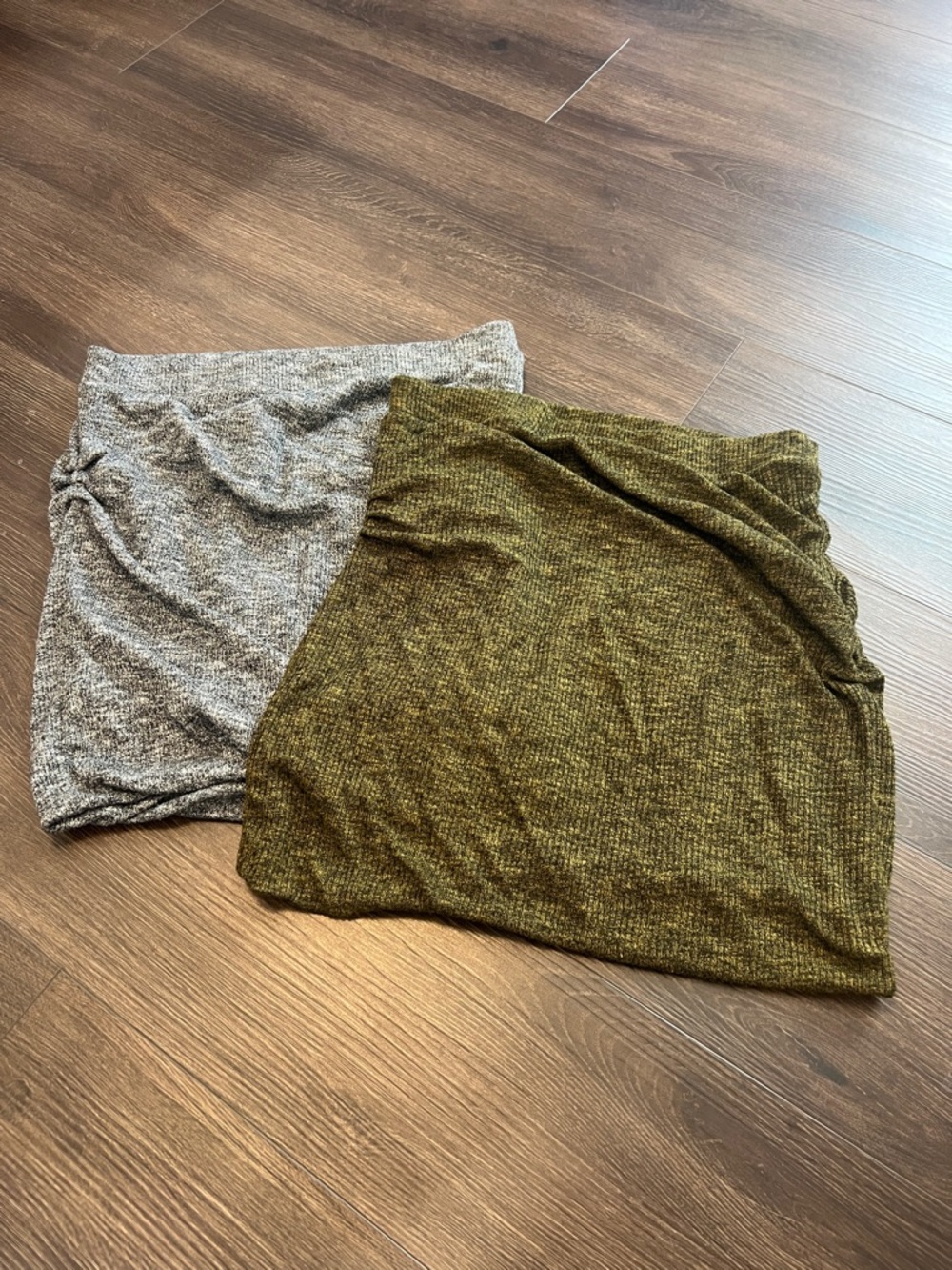 Zara Olive Green and Heather Gray Mini Skirts stretchy knit either tulip front